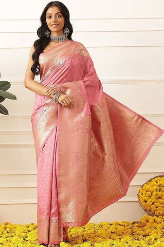 Pink woven art silk traditional saree with blouse piece