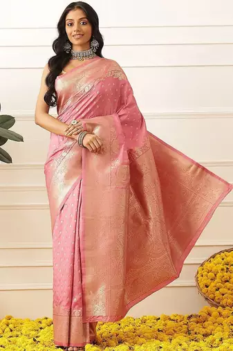 Pink woven art silk traditional saree with blouse piece