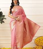 Pink woven art silk traditional saree with blouse piece