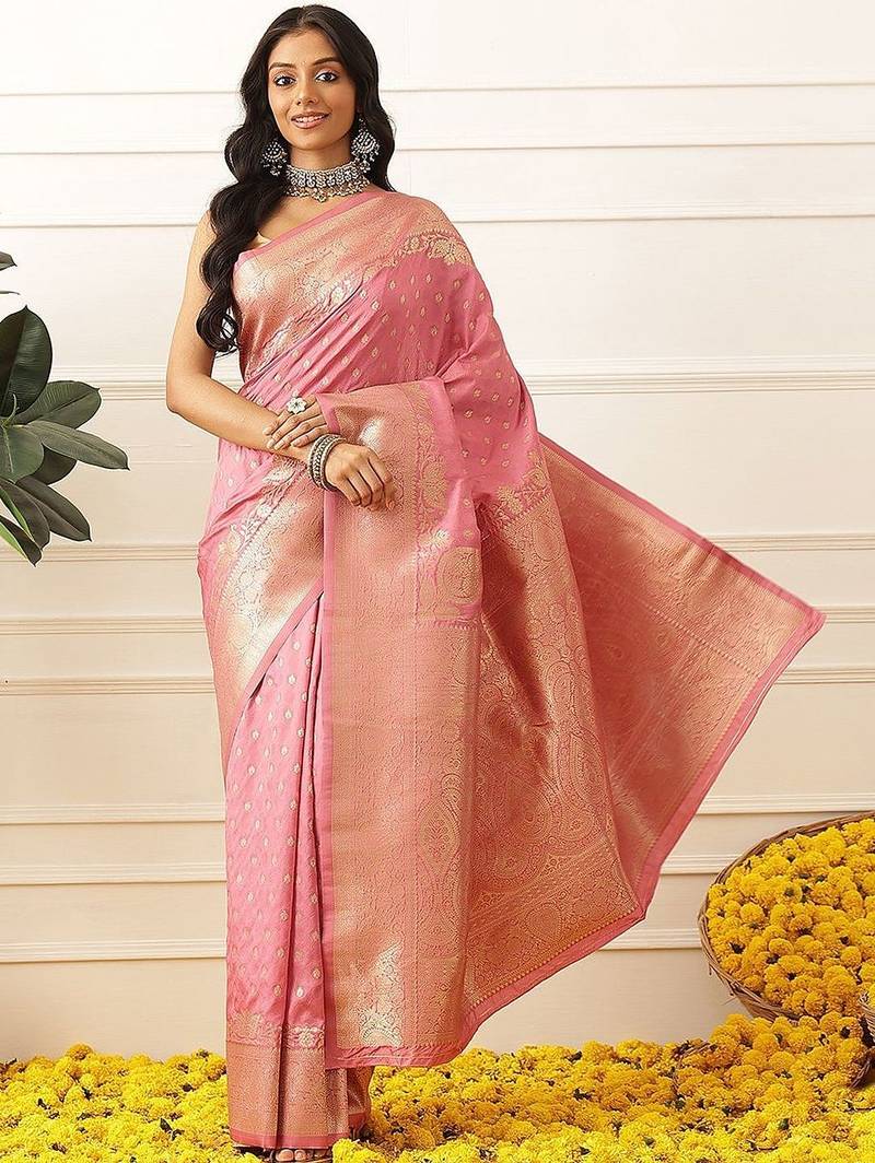 Pink woven art silk traditional saree with blouse piece