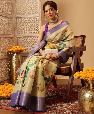 Beige printed tissue traditional saree with blouse piece 3
