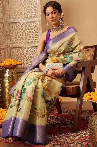 Beige printed tissue traditional saree with blouse piece