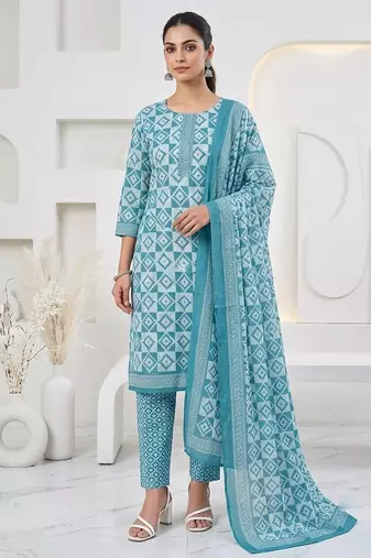 Blue printed cotton blend stitched geometric print salwar kurta dupatta for women