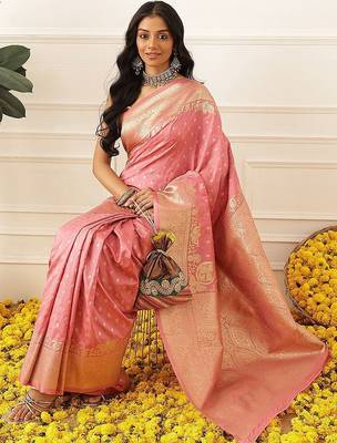 Pink woven art silk traditional saree with blouse piece 2