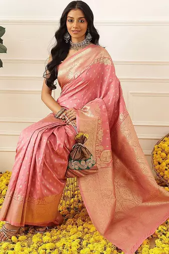 Pink woven art silk traditional saree with blouse piece