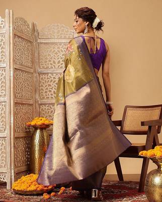 Olive printed tissue traditional saree with blouse piece 2