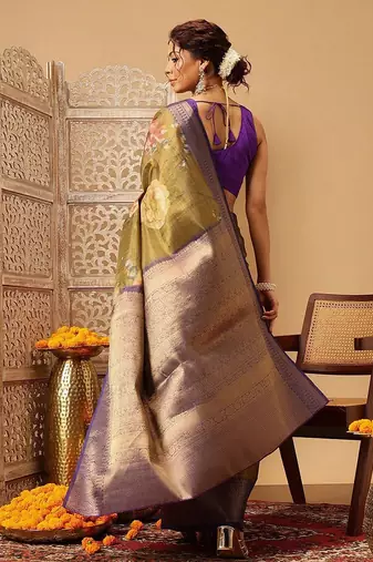 Olive printed tissue traditional saree with blouse piece