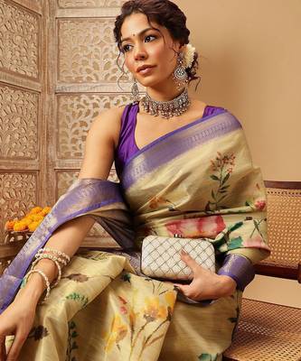 Beige printed tissue traditional saree with blouse piece 4