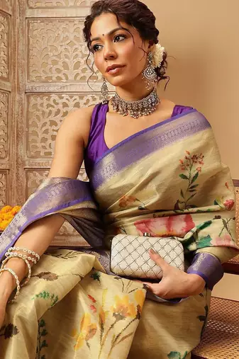 Beige printed tissue traditional saree with blouse piece