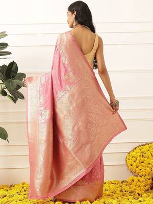Pink woven art silk traditional saree with blouse piece 3