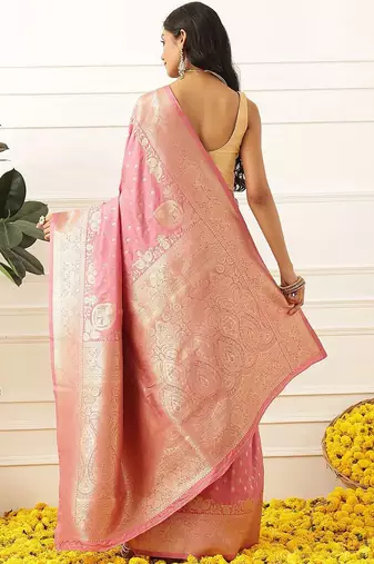 Pink woven art silk traditional saree with blouse piece