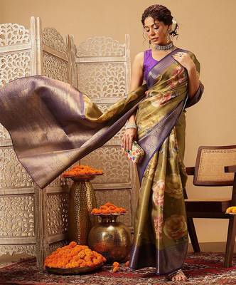 Olive printed tissue traditional saree with blouse piece 3