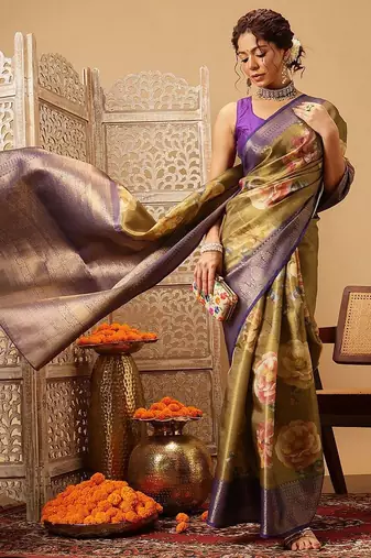 Olive printed tissue traditional saree with blouse piece
