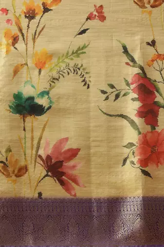 Beige printed tissue traditional saree with blouse piece