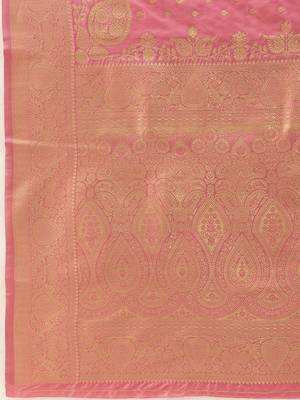 Pink woven art silk traditional saree with blouse piece 4