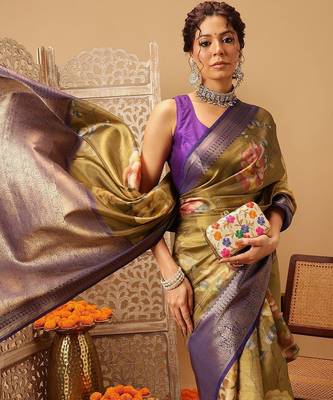Olive printed tissue traditional saree with blouse piece 4