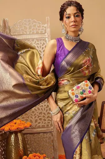 Olive printed tissue traditional saree with blouse piece