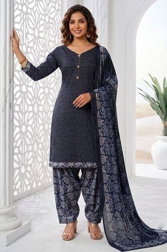 Blue printed cotton blend stitched geometric print salwar kurta dupatta for women
