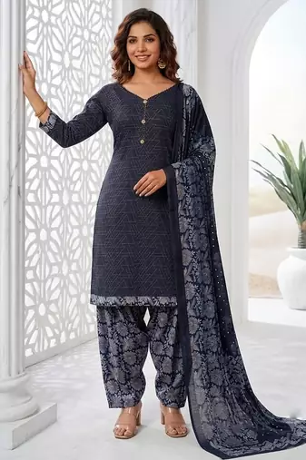Blue printed cotton blend stitched geometric print salwar kurta dupatta for women