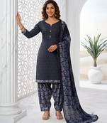 Blue printed cotton blend stitched geometric print salwar kurta dupatta for women