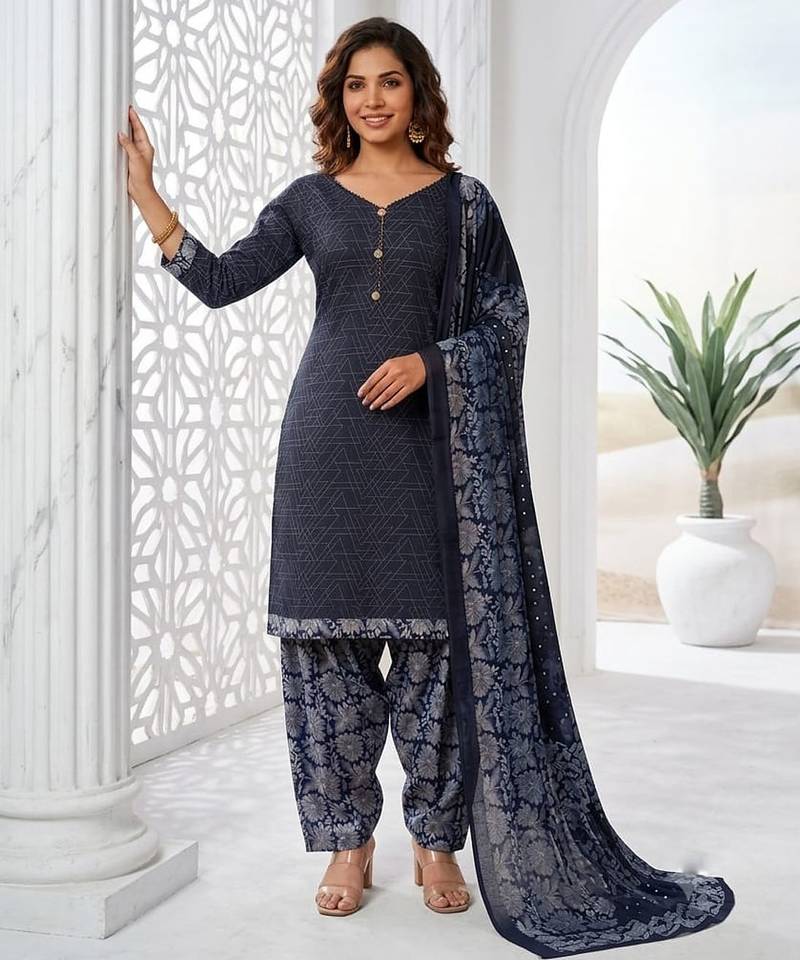 Blue printed cotton blend stitched geometric print salwar kurta dupatta for women