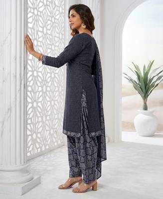 Blue printed cotton blend stitched geometric print salwar kurta dupatta for women 2