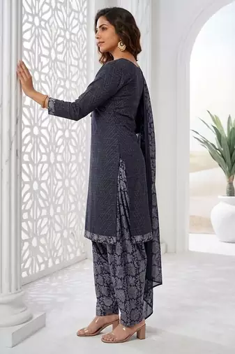 Blue printed cotton blend stitched geometric print salwar kurta dupatta for women