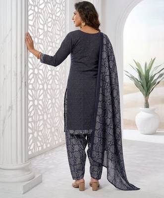 Blue printed cotton blend stitched geometric print salwar kurta dupatta for women 3