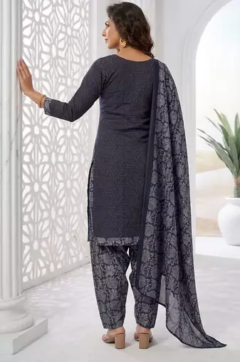 Blue printed cotton blend stitched geometric print salwar kurta dupatta for women
