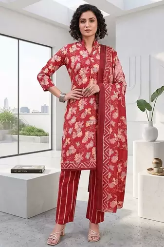 Red printed cotton blend stitched floral print salwar kurta dupatta for women
