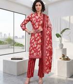 Red printed cotton blend stitched floral print salwar kurta dupatta for women