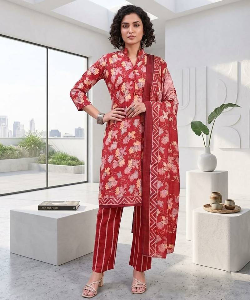 Red printed cotton blend stitched floral print salwar kurta dupatta for women