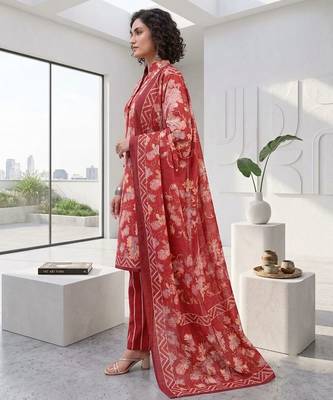 Red printed cotton blend stitched floral print salwar kurta dupatta for women 2