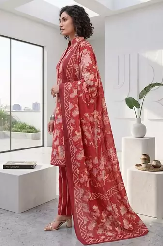 Red printed cotton blend stitched floral print salwar kurta dupatta for women
