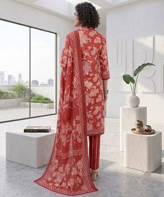 Red printed cotton blend stitched floral print salwar kurta dupatta for women 3