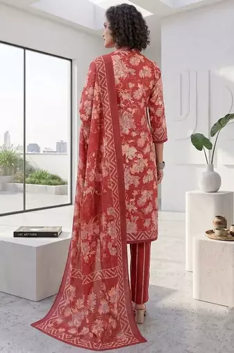 Red printed cotton blend stitched floral print salwar kurta dupatta for women