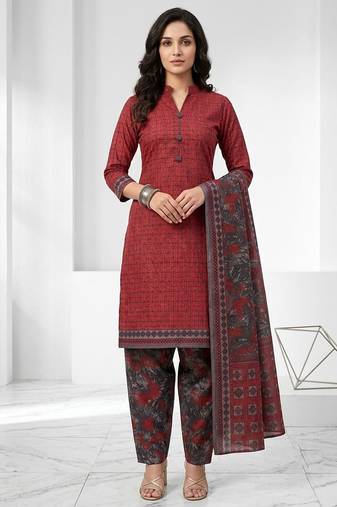 Maroon printed cotton blend stitched geometric print salwar kurta dupatta for women