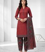 Maroon printed cotton blend stitched geometric print salwar kurta dupatta for women