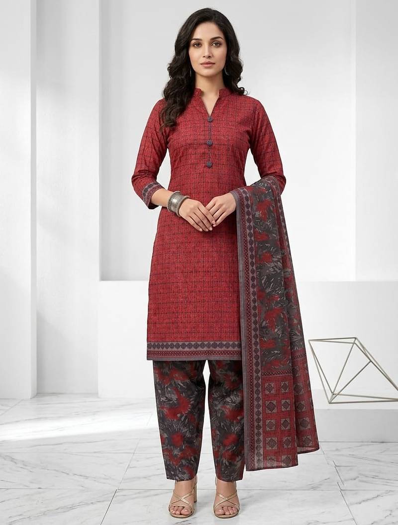Maroon printed cotton blend stitched geometric print salwar kurta dupatta for women