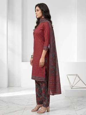Maroon printed cotton blend stitched geometric print salwar kurta dupatta for women 2
