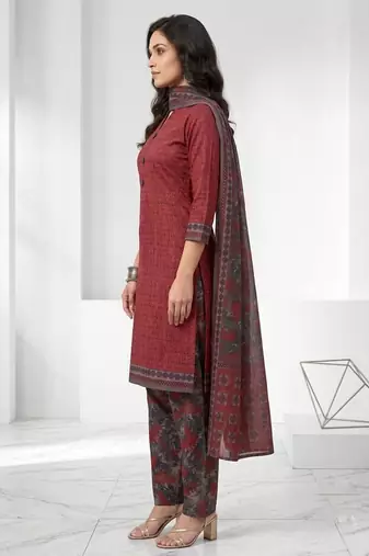Maroon printed cotton blend stitched geometric print salwar kurta dupatta for women