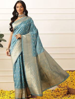 Turquoise woven art silk traditional saree with blouse piece 1
