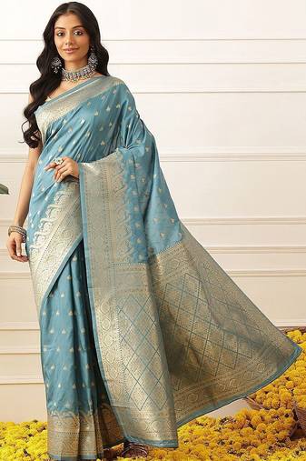 Turquoise woven art silk traditional saree with blouse piece