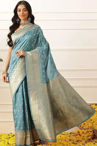 Turquoise woven art silk traditional saree with blouse piece