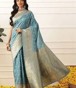 Turquoise woven art silk traditional saree with blouse piece