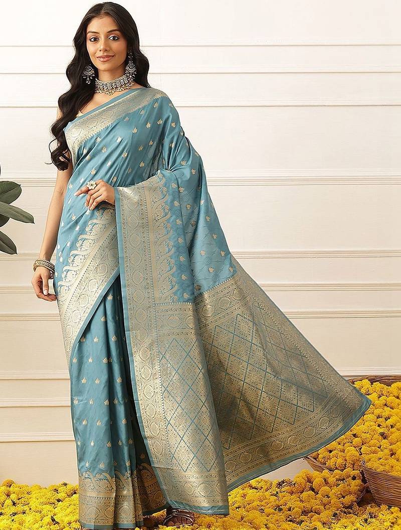Turquoise woven art silk traditional saree with blouse piece
