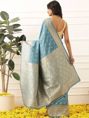 Turquoise woven art silk traditional saree with blouse piece 2