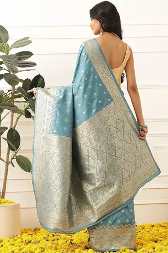 Turquoise woven art silk traditional saree with blouse piece