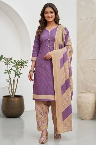 Purple printed cotton blend stitched geometric print salwar kurta dupatta for women