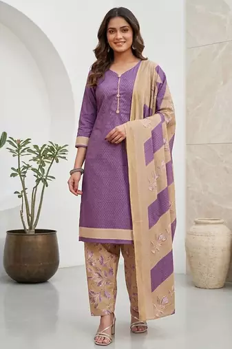 Purple printed cotton blend stitched geometric print salwar kurta dupatta for women